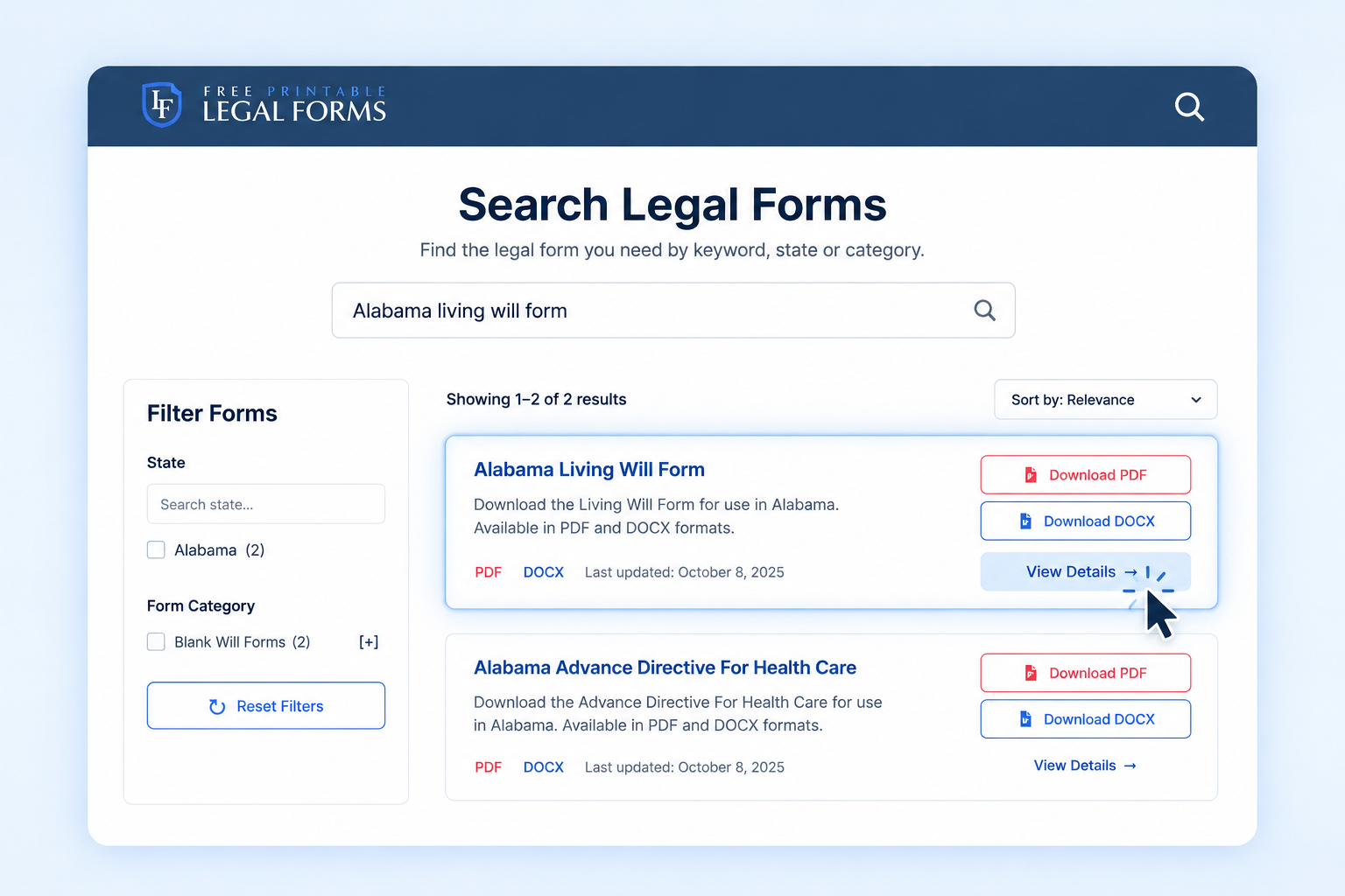 Review legal form search results